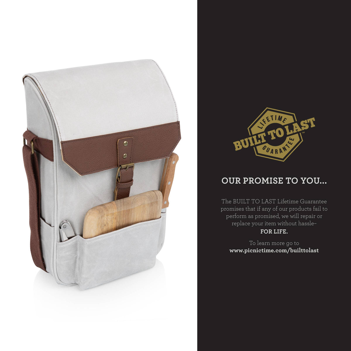 Cream and brown insulated wine tote with leather straps and wooden cutting board and knife set