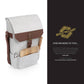 Cream and brown insulated wine tote with leather straps and wooden cutting board and knife set