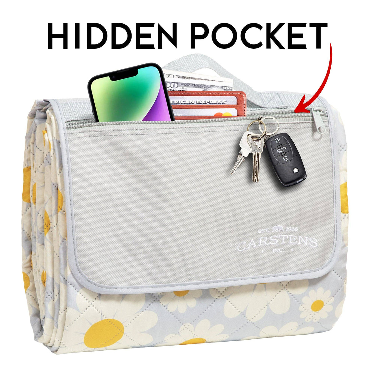 White polyester toiletry bag with yellow daisy print, gray front panel with hidden pocket feature, Carstens branding
