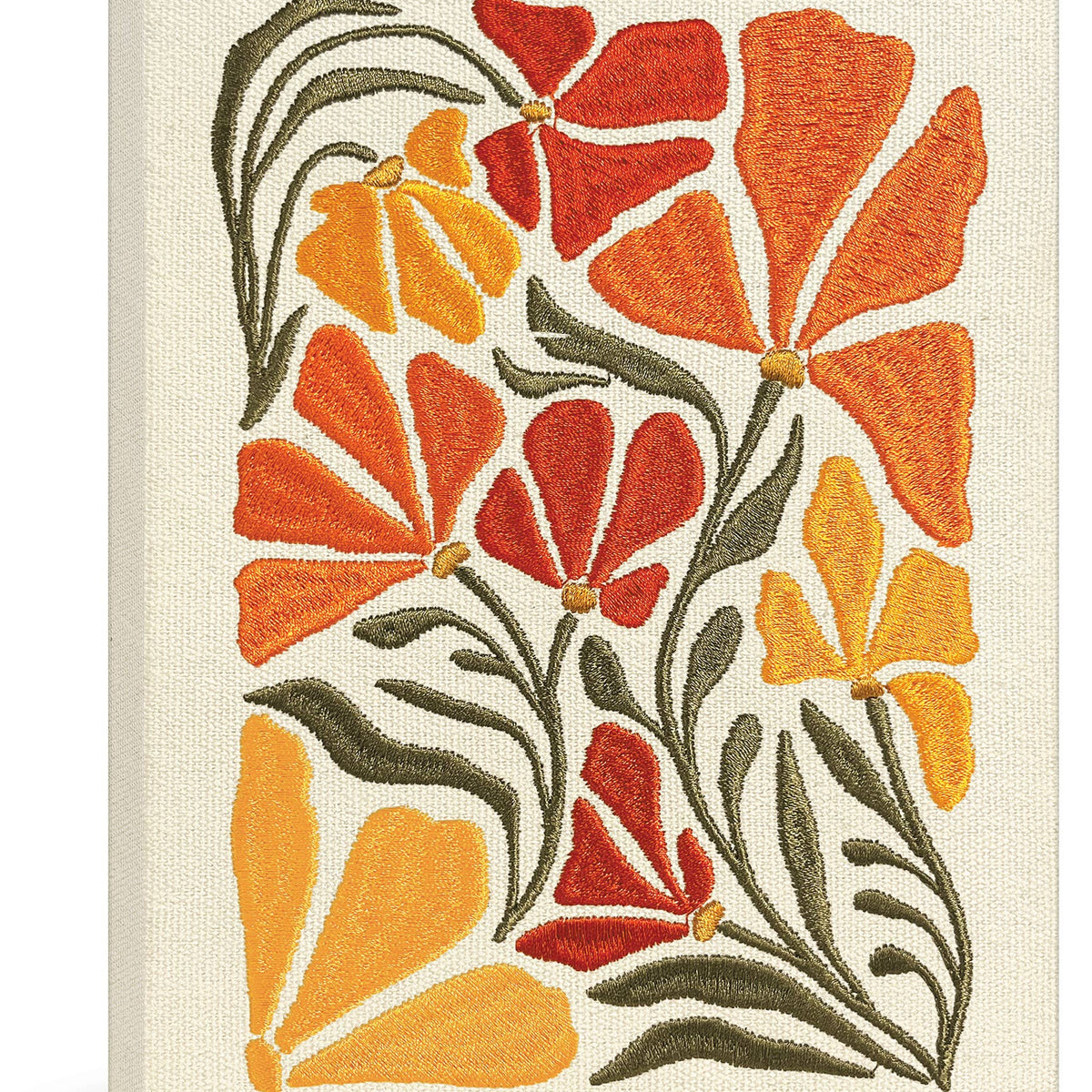 Cream hardcover journal with embroidered red, orange, and yellow flowers with green foliage