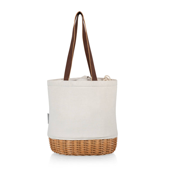 Cream canvas tote with tan wicker base and brown leather handles