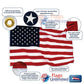 American flag with embroidered stars, red and white stripes, brass grommets, and reinforced seams; made in the USA