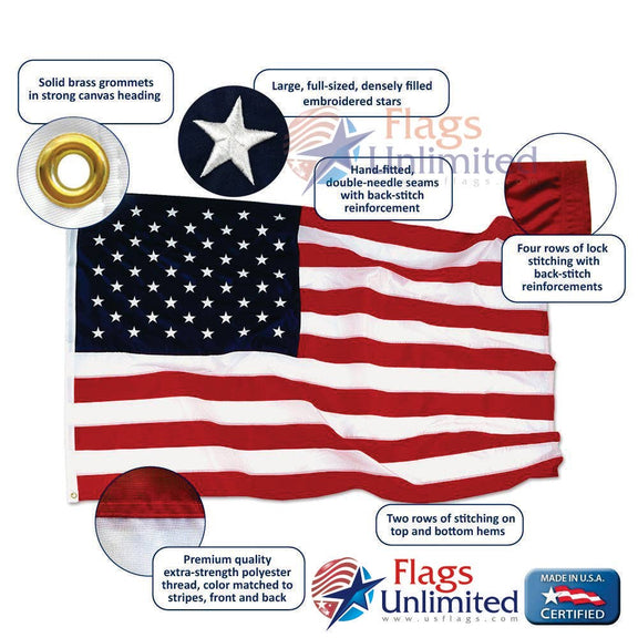 American flag with embroidered stars, red and white stripes, brass grommets, and reinforced seams; made in the USA