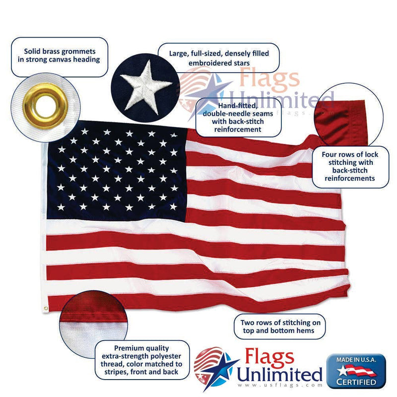 American flag with embroidered stars, red and white stripes, brass grommets, and reinforced seams; made in the USA