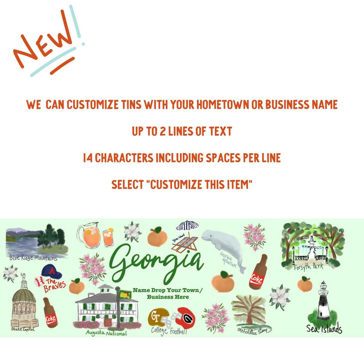Georgia-themed gift tin with light green background featuring illustrated landmarks, peaches, and wildflowers with customizable text area for hometown or business name.