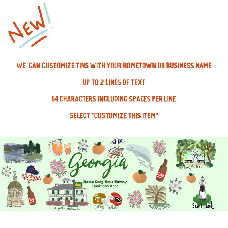 Georgia-themed gift tin with light green background featuring illustrated landmarks, peaches, and wildflowers with customizable text area for hometown or business name.