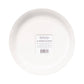 Stack of white 7-inch paper plates with blue floral design, shown from above with product label visible