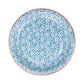 Blue and white floral paper plate with coral rim, 7-inch petite size, small repeating flower motif throughout