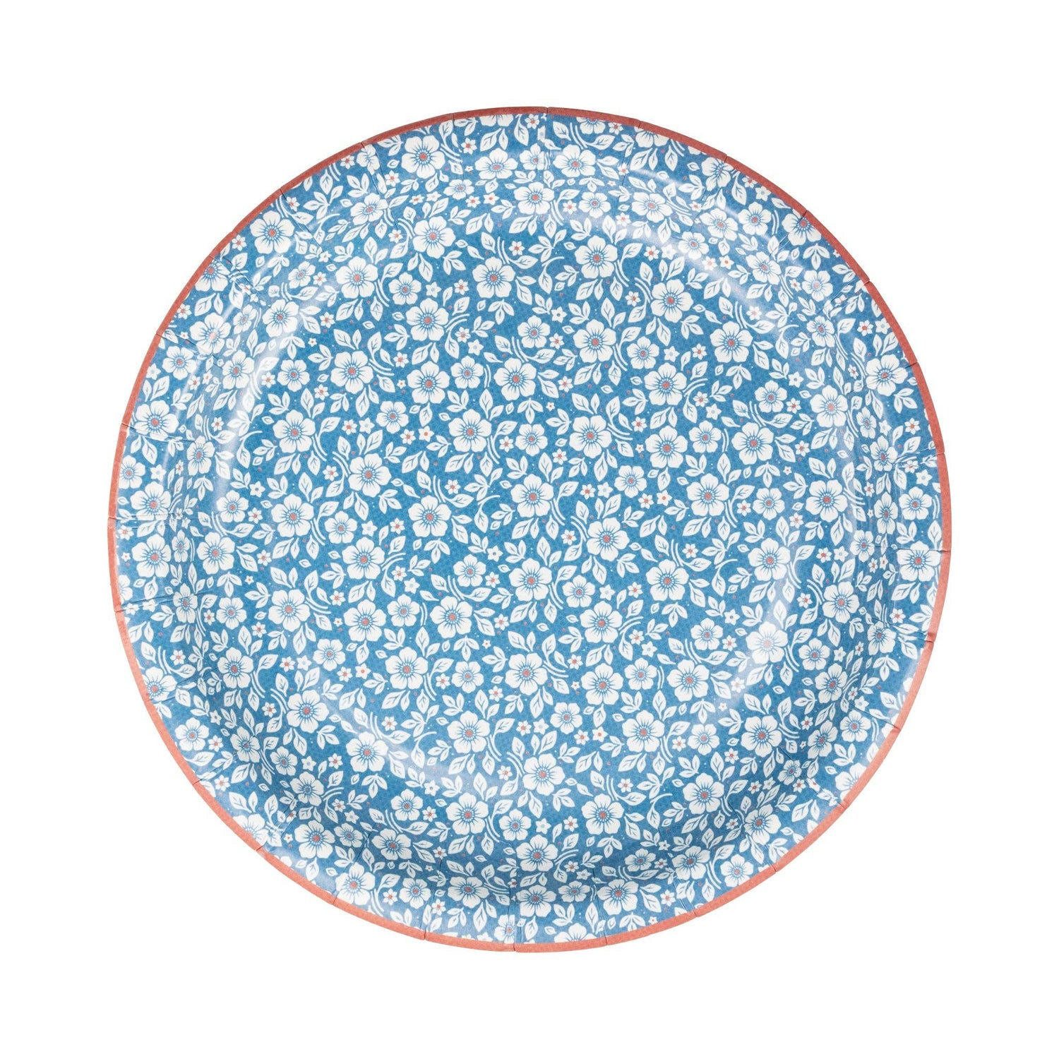 Blue and white floral paper plate with coral rim, 7-inch petite size, small repeating flower motif throughout