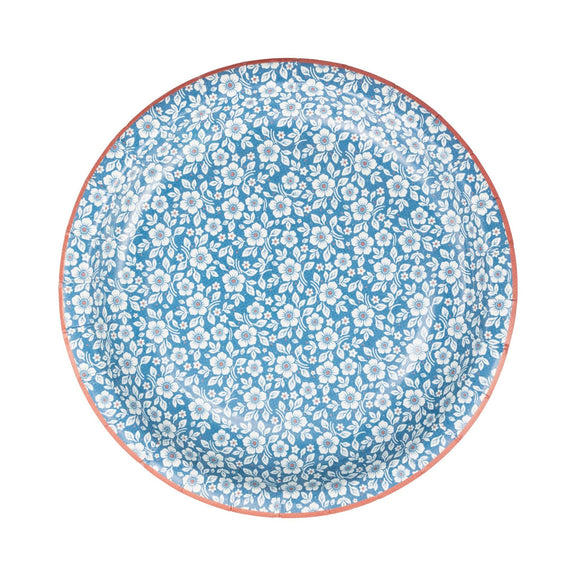 Blue and white floral paper plate with coral rim, 7-inch petite size, small repeating flower motif throughout