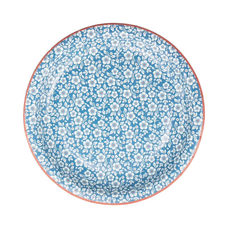 Blue and white floral paper plate with coral rim, 7-inch petite size, small repeating flower motif throughout