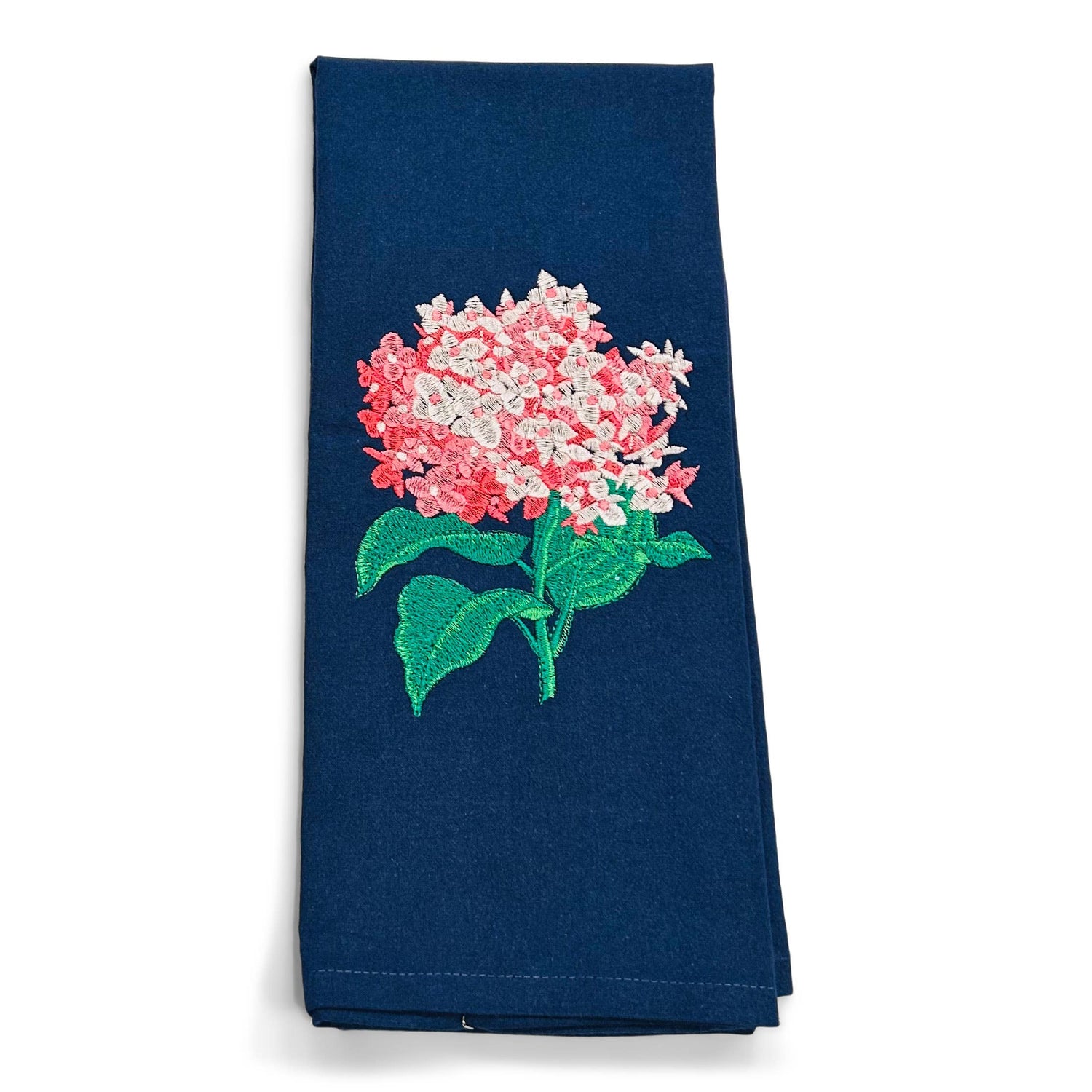 Navy cotton flour sack dish towel with embroidered pink and white hydrangea bloom with green leaves