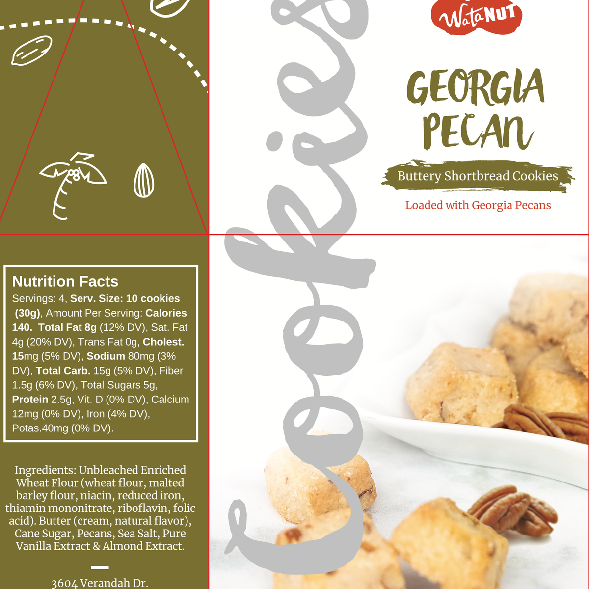 Golden-brown buttery shortbread cookies loaded with Georgia pecans displayed in white bowl on product package with nutrition facts and Watanut branding