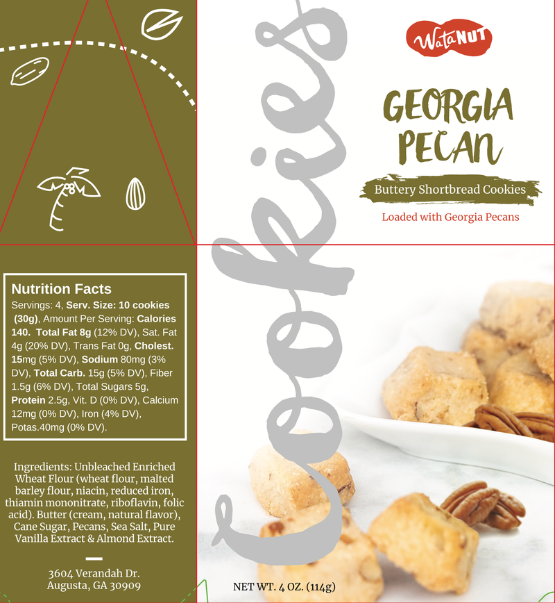 Golden-brown buttery shortbread cookies loaded with Georgia pecans displayed in white bowl on product package with nutrition facts and Watanut branding