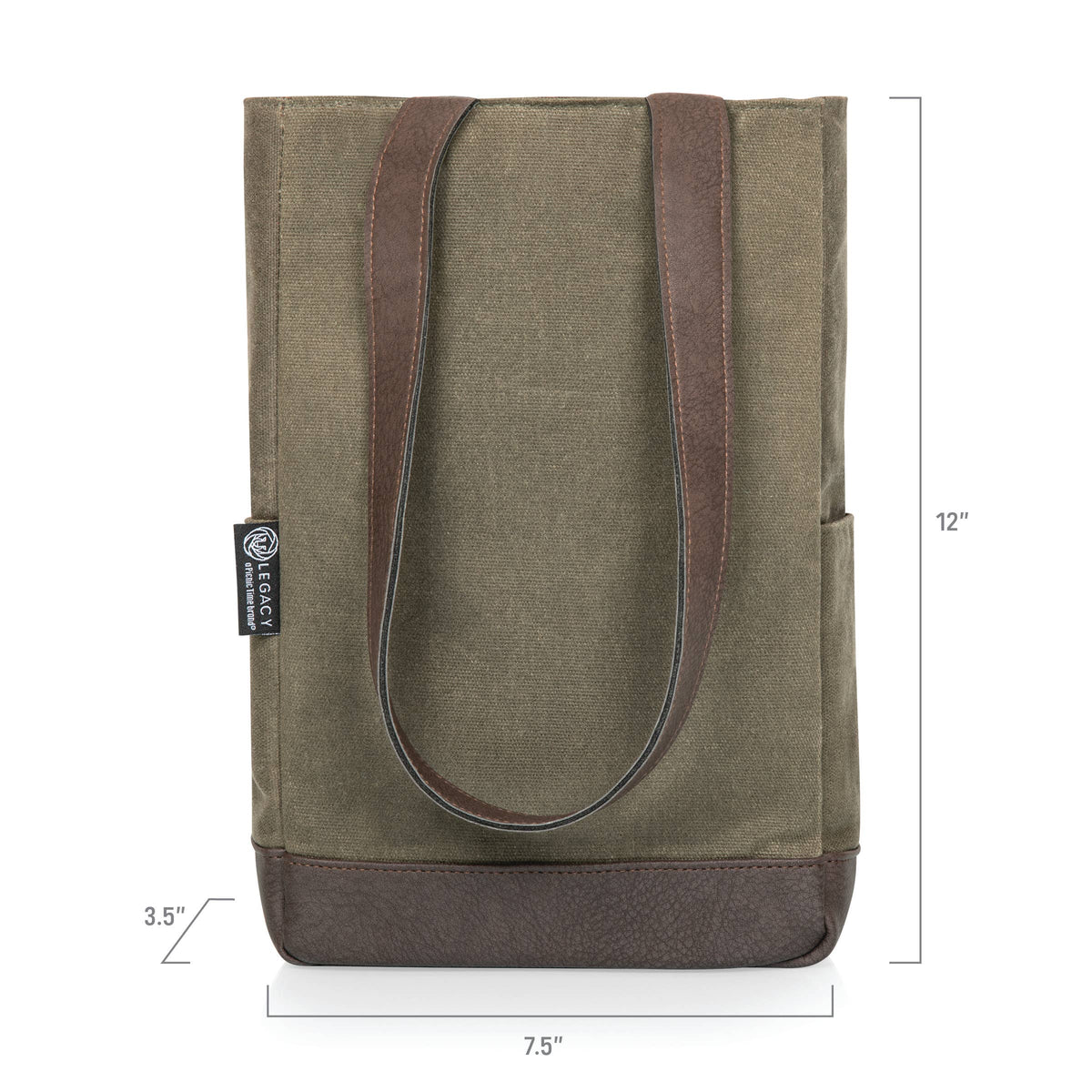 Olive canvas and burgundy leather 2-bottle insulated wine tote with reinforced bottom panel and dual handles
