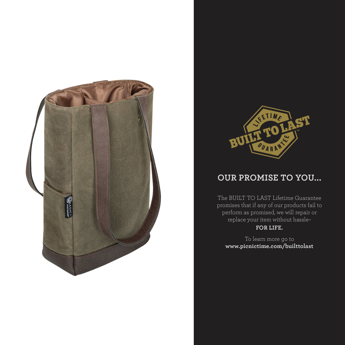 Sage green insulated wine tote with brown handles and trim, featuring tan interior padding and small branded label.