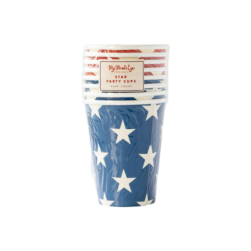 Stack of My Mind's Eye paper party cups with white stars on blue lower portion and red/white striped upper section, 4th of July themed