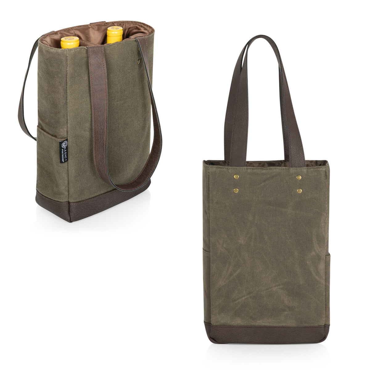 Khaki canvas insulated wine tote with dark brown handles and base, shown in cylindrical and rectangular styles holding two bottles