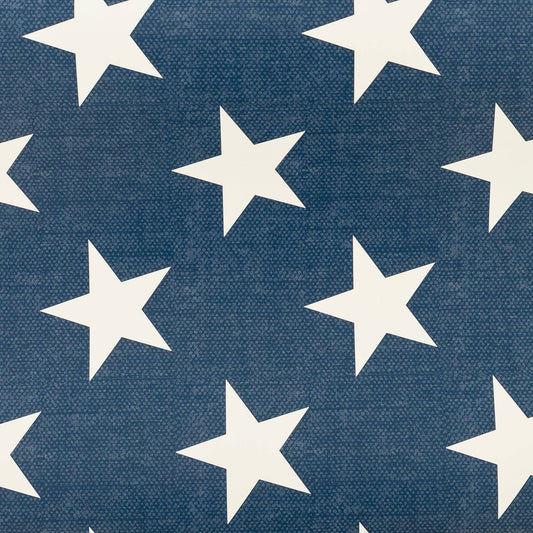 Blue table runner with white stars in a repeating pattern, woven fabric finish, patriotic 4th of July design