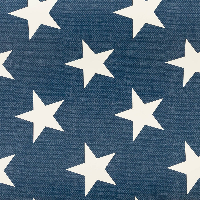 Blue table runner with white stars in a repeating pattern, woven fabric finish, patriotic 4th of July design