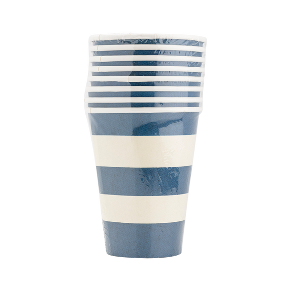 Blue and cream striped paper cup with star pattern and horizontal color bands—festive 4th of July party cups for celebrations