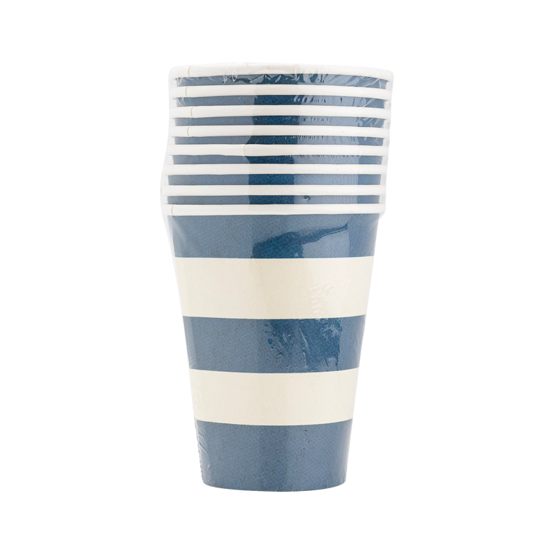 Blue and cream striped paper cup with star pattern and horizontal color bands—festive 4th of July party cups for celebrations