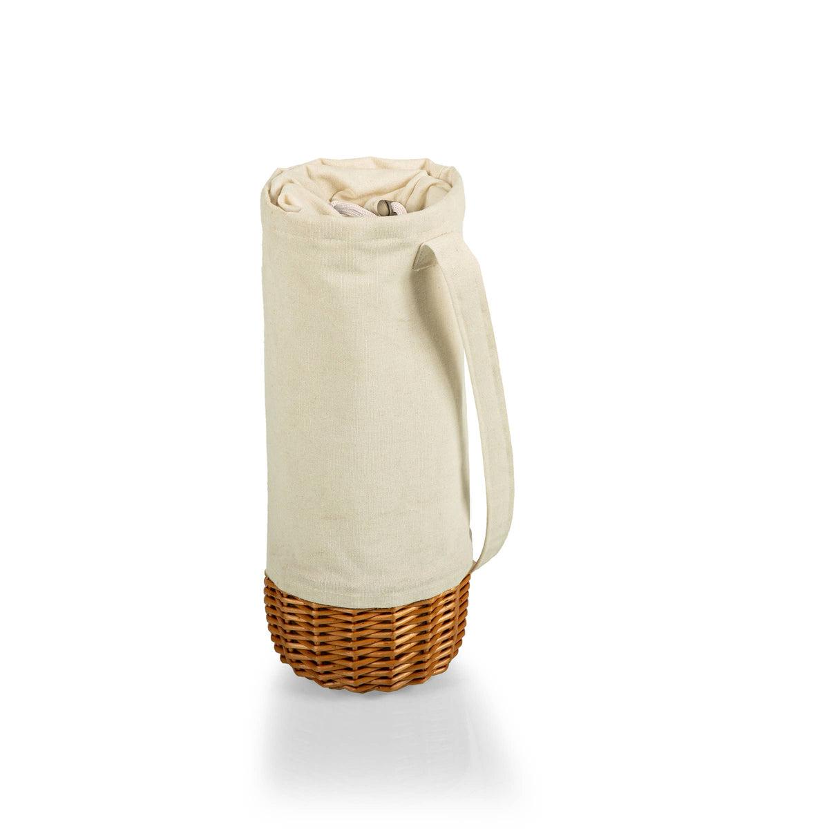 Cream canvas wine tote with woven wicker base and drawstring closure