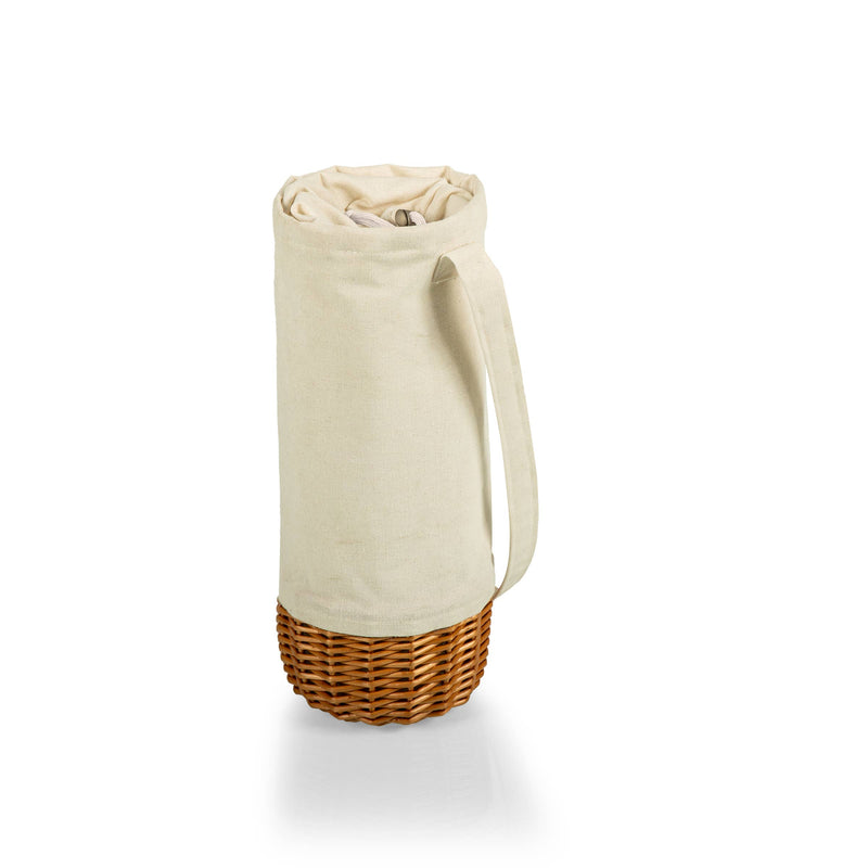 Cream canvas wine tote with woven wicker base and drawstring closure