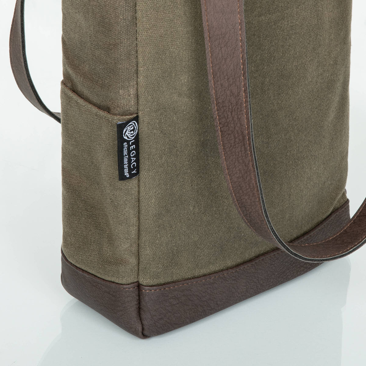 Olive-green canvas wine tote with brown leather trim, dual handles, and structured base for carrying 2 bottles