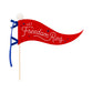 Red felt pennant banner with 'Let Freedom Ring' in white script, navy stars, blue ribbon bow, and cream pom-pom on wooden stick.