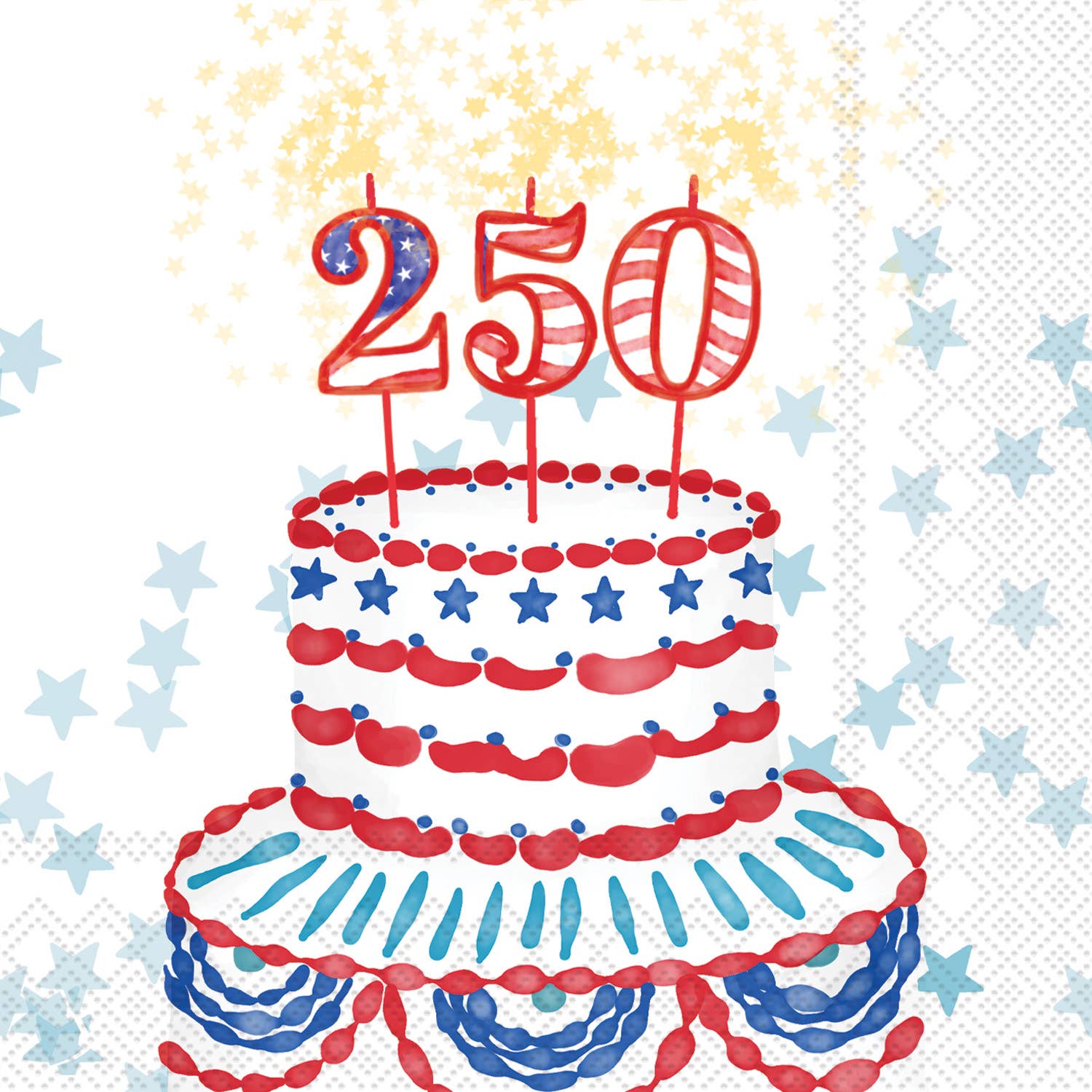 Red "250" birthday candle cake with blue stars, patriotic red and blue scalloped tiers, and gold star accents—4th of July cocktail napkin design