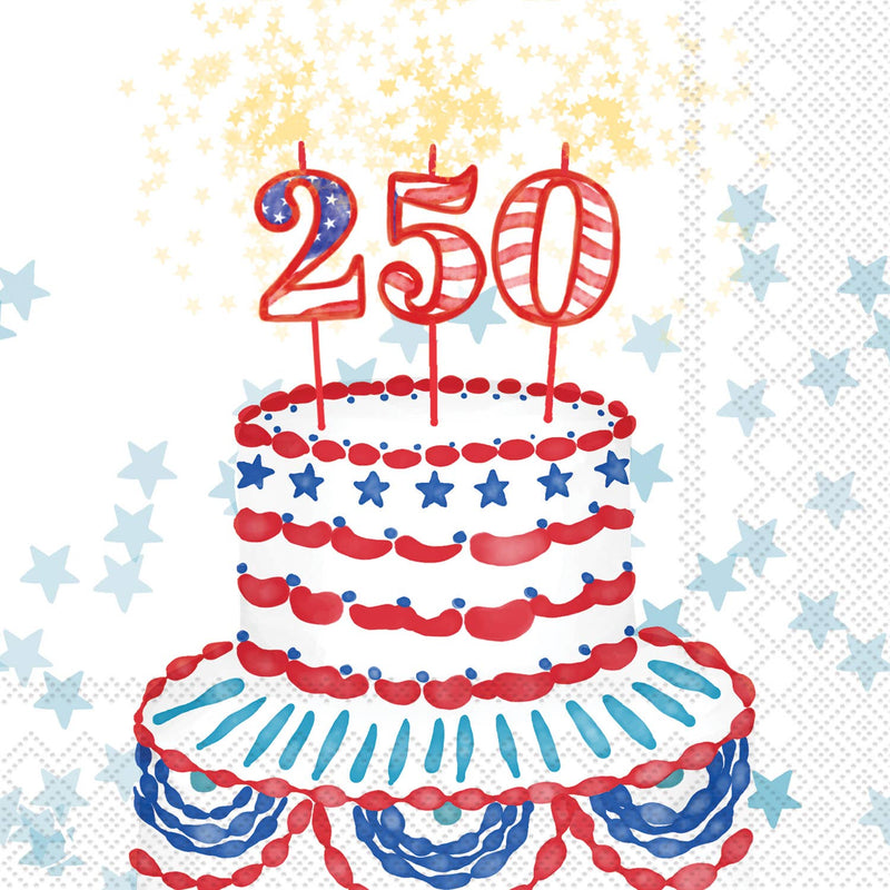 Red "250" birthday candle cake with blue stars, patriotic red and blue scalloped tiers, and gold star accents—4th of July cocktail napkin design
