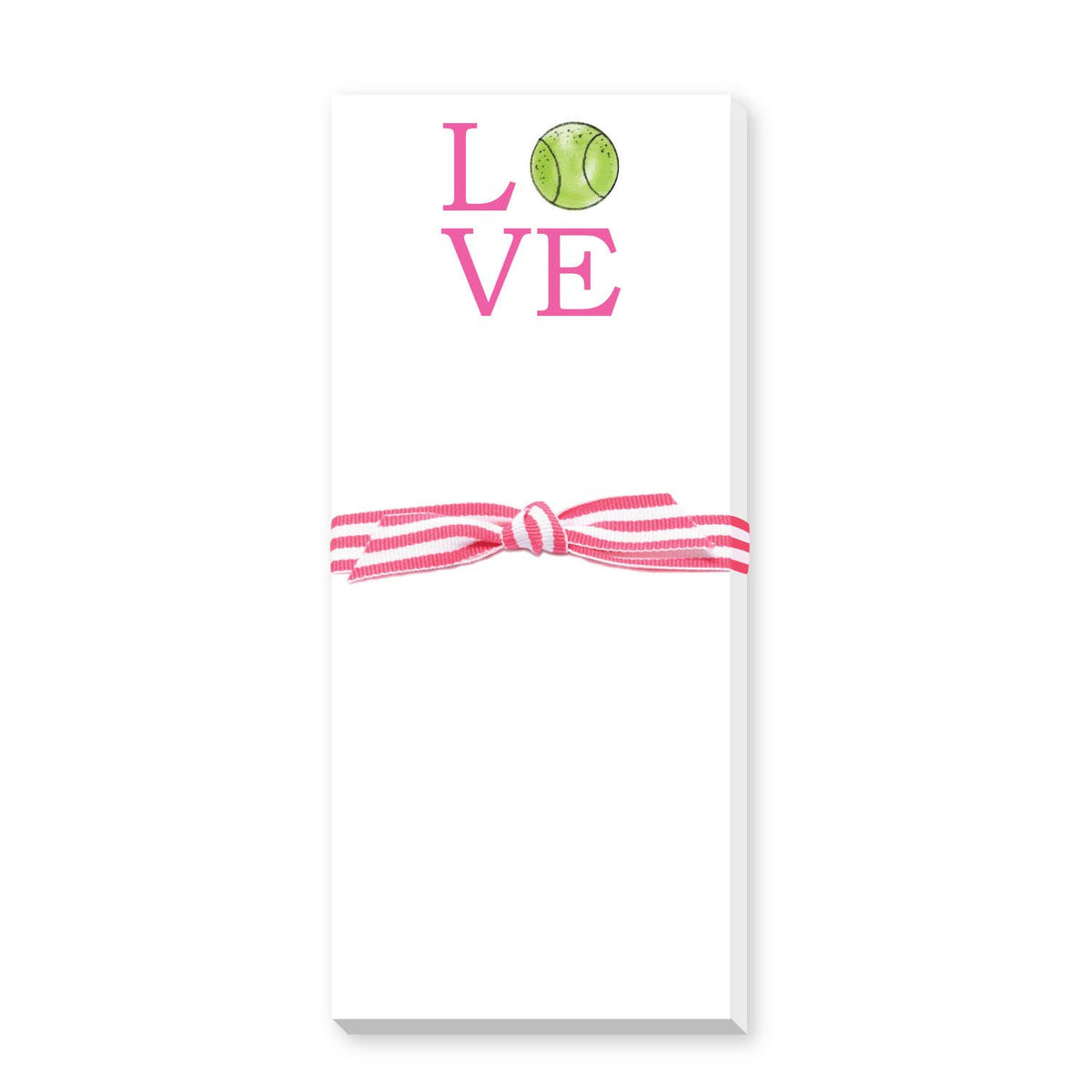 White notepad with "LOVE" in pink letters, tennis ball illustration replacing the O, and pink striped bow detail