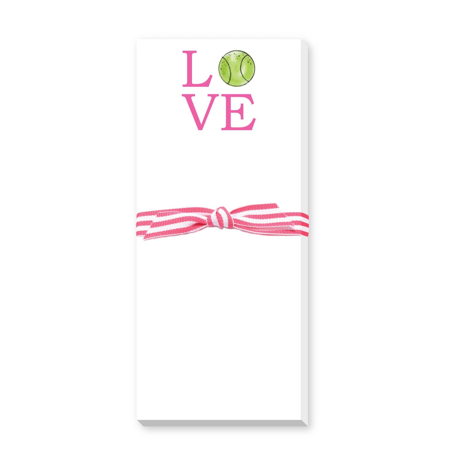 White notepad with "LOVE" in pink letters, tennis ball illustration replacing the O, and pink striped bow detail