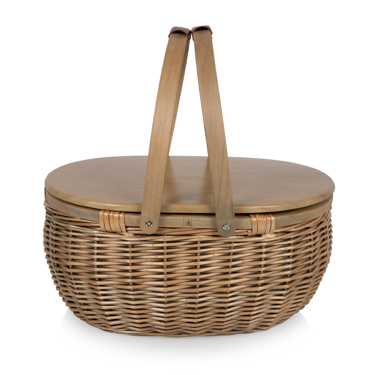 Beige handwoven wicker picnic basket with hinged lid and wooden handles, insulated for outdoor dining and entertaining