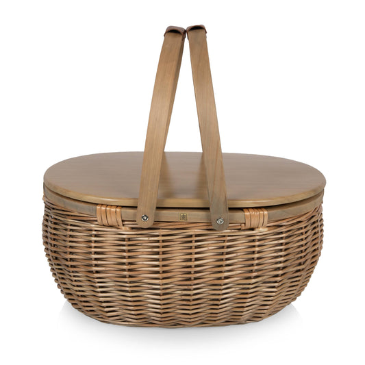 Beige handwoven wicker picnic basket with hinged lid and wooden handles, insulated for outdoor dining and entertaining
