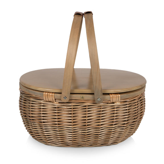Beige handwoven wicker picnic basket with hinged lid and wooden handles, insulated for outdoor dining and entertaining
