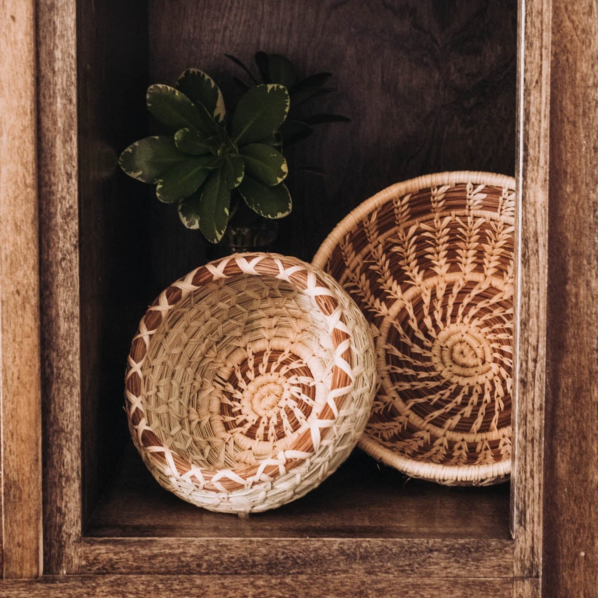 Two hand-woven beige baskets with white geometric cutout patterns stacked together in a wooden shelf niche with a succulent plant above