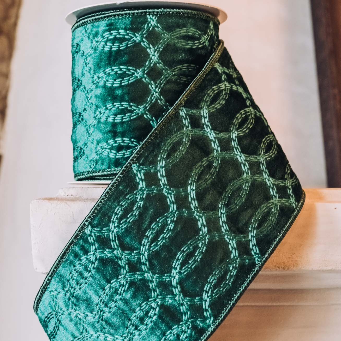 Green Velvet Embroidery Ribbon - 4"
