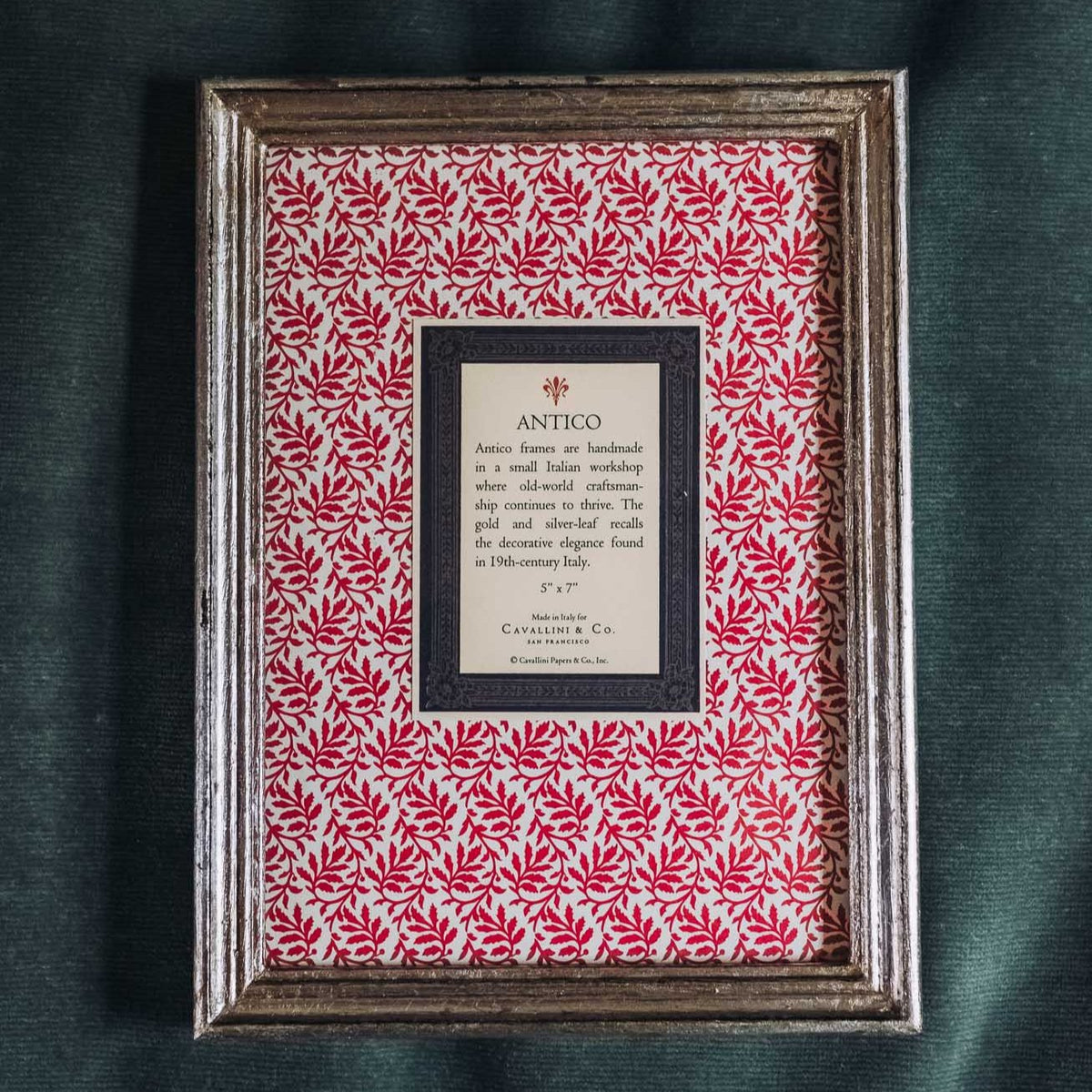 Cavallini frame in silver with red damask-pattern mat and white linen label, tabletop wooden picture frame with handcrafted detailing