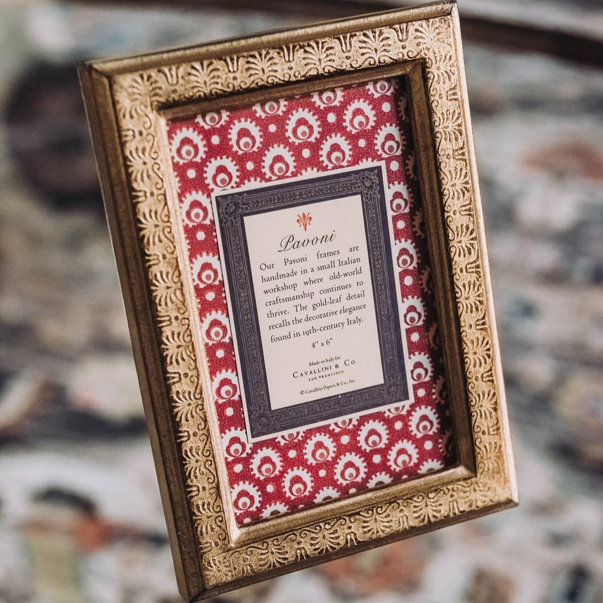 Ornate gold-leaf Cavallini frame with embossed fan details, red damask-patterned mat, and product text, 4x6
