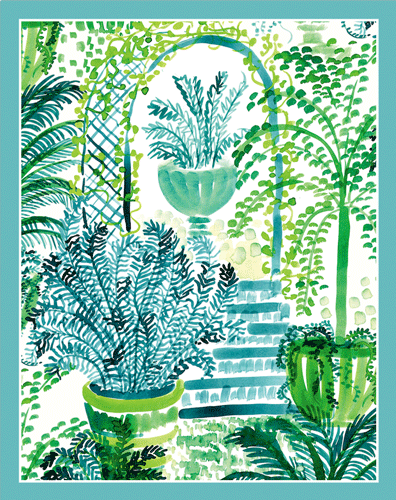 Colorful botanical illustration with potted plants and trailing foliage in green, blue, and white on bridge tally sheets