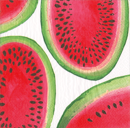 Bright red watermelon slices with green rind and black seeds in repeating pattern on Caspari cocktail napkins
