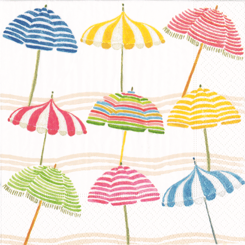 Colorful striped beach umbrellas in pink, blue, yellow, and green arranged over sand-colored wavy lines on white cocktail napkins.