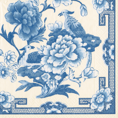 Blue and white Caspari cocktail napkin with peony flowers and ornamental botanical design on cream background