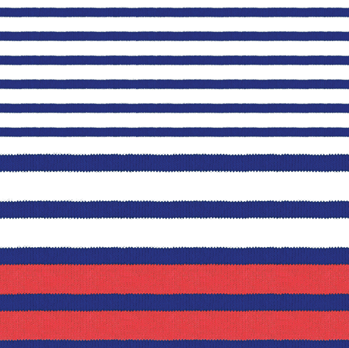 Stack of Caspari triple-ply cocktail napkins with navy, white, and coral horizontal stripes