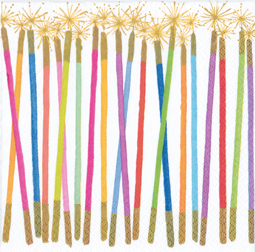 Stack of colorful Caspari cocktail napkins with multicolor striped designs, natural fiber-wrapped handles, and gold starburst trim details.