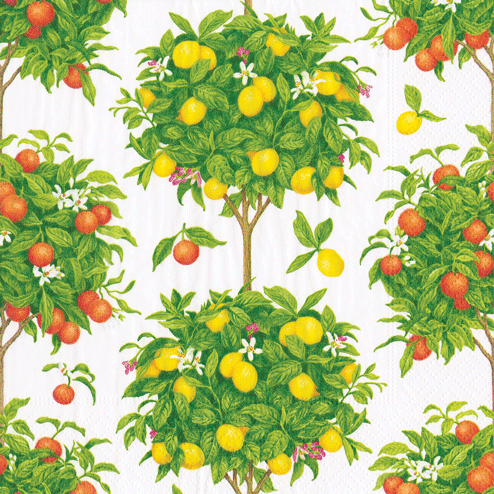 Citrus fruit trees with green foliage, yellow lemons, and orange fruits on white triple-ply cocktail napkins