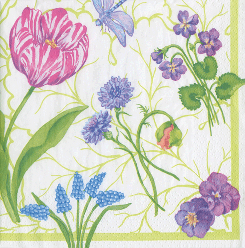 Multicolor botanical print cocktail napkin with pink tulip, purple flowers, blue grape hyacinth, and green leaves on cream background.