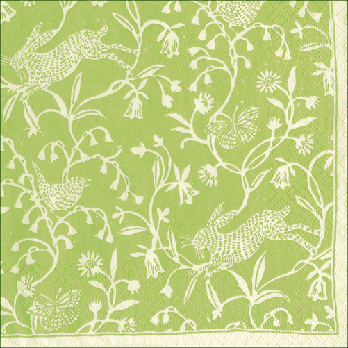Green Caspari cocktail napkin with white botanical pattern of birds, flowers, leaves and vines